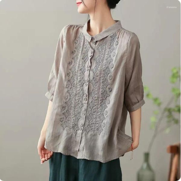 Женские блузки, рубашки в китайском стиле, шелковый хлопок, лен, летняя женская одежда с вышивкой, свободные модные топы с короткими рукавами