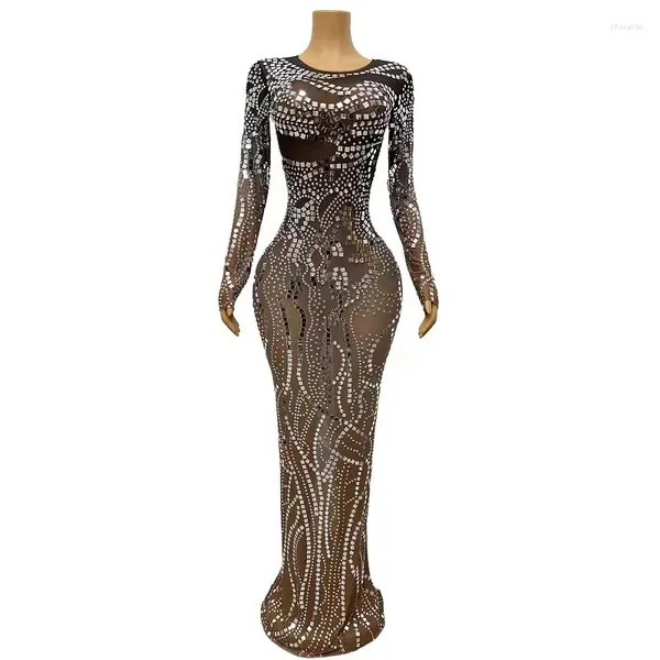 Sahne Giyim Siyah Mesh Parlak Rhinestones Sequins Akşam Partisi Doğum Günü Kutlama Balo Şeffaf Uzun Elbise Şarkıcı Model Kostüm