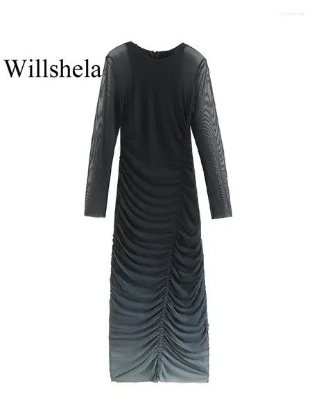 Vestidos casuais willshela mulheres moda tule impresso plissado voltar zíper midi vestido vintage o-pescoço mangas compridas feminino chique senhora