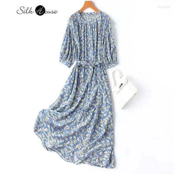 Vestidos de festa azul floral seda crepe de chine em torno do pescoço gota ombro lanterna manga solta comprimento médio vestido estilo férias