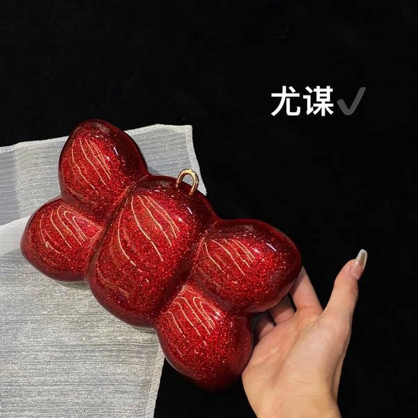 Borsa con clip a fiocco tridimensionale rosso dolce autunno e inverno in marmo acrilico, borsa a tracolla piccola con tracolla per banchetto 240205
