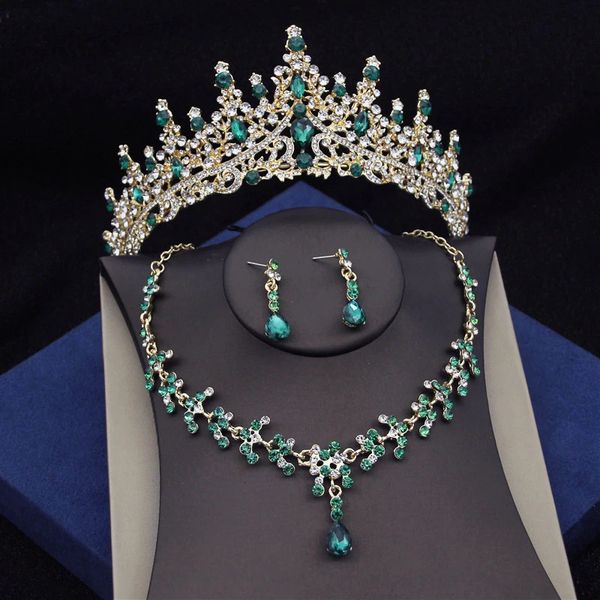 Set di gioielli da sposa di cristallo verde di lusso per donne Diademi Orecchini Collana Corona Abito da sposa Set da sposa Accessori 240202