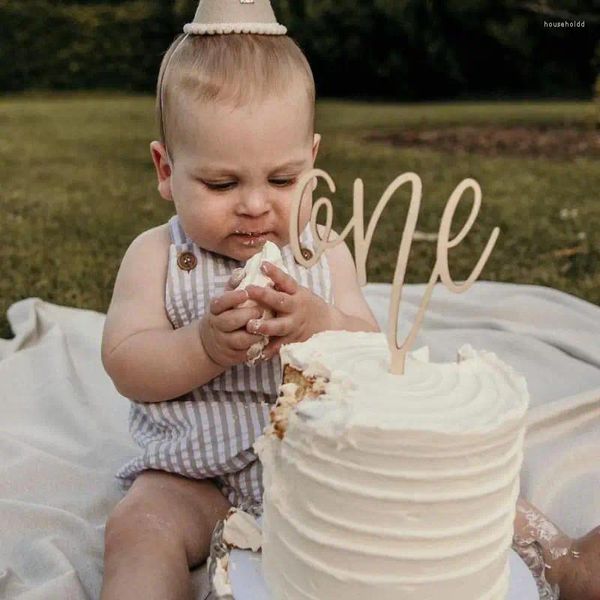 Ferramentas de bolo de madeira aniversário feliz topper corte a laser número um crianças festa toppers para chá de bebê ano velho sobremesa decoração