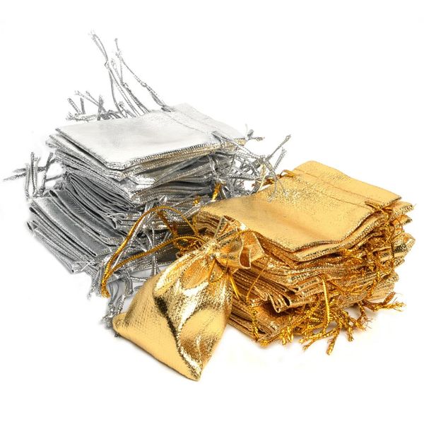 50 Stück 5 x 7 cm, 7 x 9 cm und 9 x 12 cm große Metallfolien-Schmuckverpackungen, silber-/goldfarbene Kordelzugbeutel, Hochzeitsgeschenk-Süßigkeitstüten und -tüten 240205