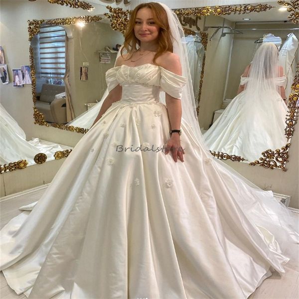 Lindo cetim vestido de baile vestidos de casamento 2024 elegante fora dos ombros 3d florais país jardim vestido de noiva sexy sem costas princesa robe de mariee chique vestidos novia