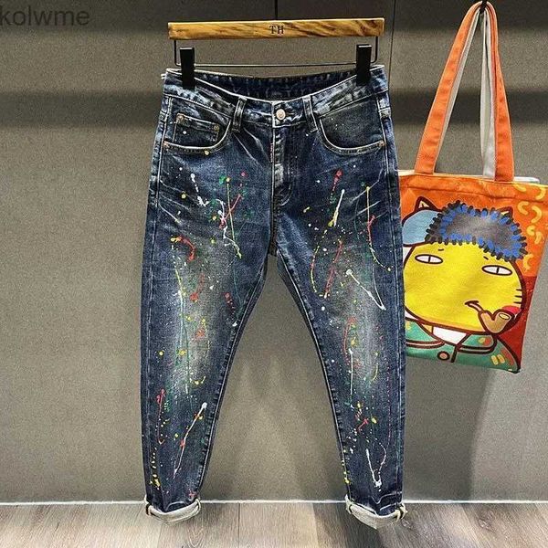 Jeans masculinos outono novo vintage jeans homens tie-dye moda alta streetwear pontos de pintura graffiti hip hop tendência magro masculino calças jeans calças yq240205