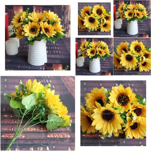 Flores decorativas grinaldas de girassol artificial amarelo sol 7 cabeças girassóis de seda 30cm de comprimento para casa casamento centerpieces festa e dhhp8