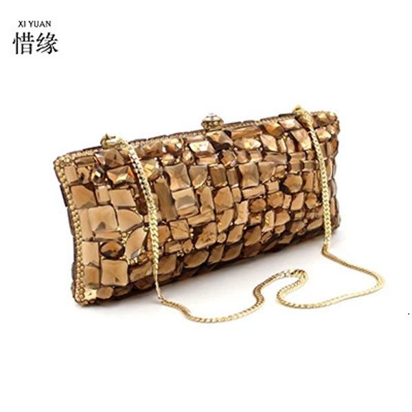 Xiyuan vidro strass festa marrom embreagem bolsa pedras sacos de noite caixa bolsa bolsas mulheres nupcial casamento metal garras saco 240130