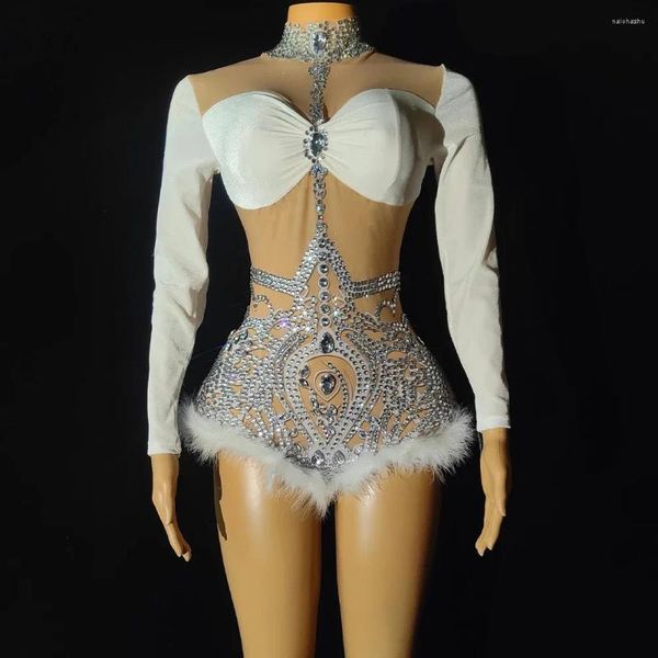 Stage Wear Mulheres Sexy Sparkly Strass Manga Longa Transparente Pena Bodysuit Festa de Aniversário Boate Leotard