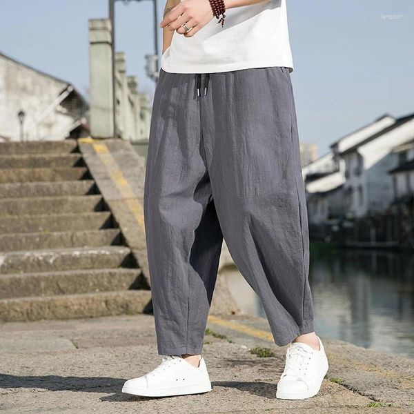 Pantaloni da uomo Abito da uomo estivo 2024 Casual giapponese Lino di cotone nero Moda allentata Tinta unita maschio alla caviglia