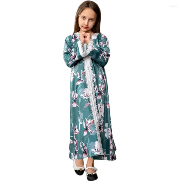 Roupas étnicas Cuhk Islã infantil abaya oração dubai 2024 Kimono Turkey vestidos para meninas moda kaftan floral impresso de 3 a 12 anos