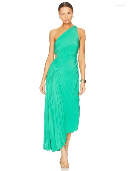 Vestidos casuais alc verão / outono mulheres vestido poliéster assimetria-pescoço verde azul tornozelo-comprimento sem mangas plissado cintura alta sexy feriado