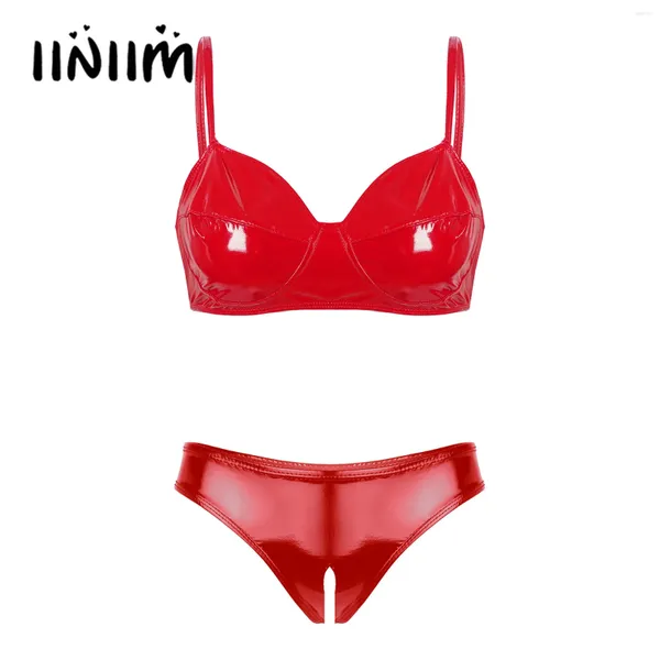 Conjuntos de sutiãs mulheres brilhantes couro patente lingerie sexy conjunto roupa interior espaguete cintas sutiã tops com virilha aberta alta corte briefs exóticos