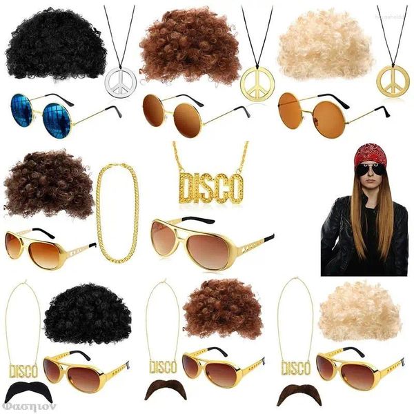 Party Supplies FUN Kostüm Set Funky Afro Perücke Sonnenbrille Halskette für 50er 60er 70er Jahre Thema Männer 80er Jahre Stil Kleidung Zubehör