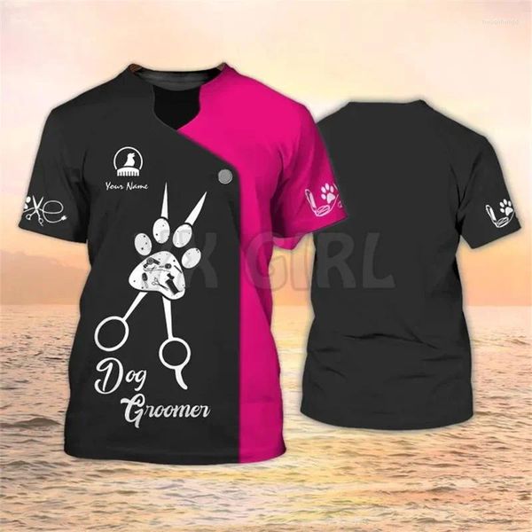 Homens Camisetas 2024 Verão Dog Groomer Nome Pesonalizado Camisa 3D para Homens Grooming Uniforme Preto Rosa