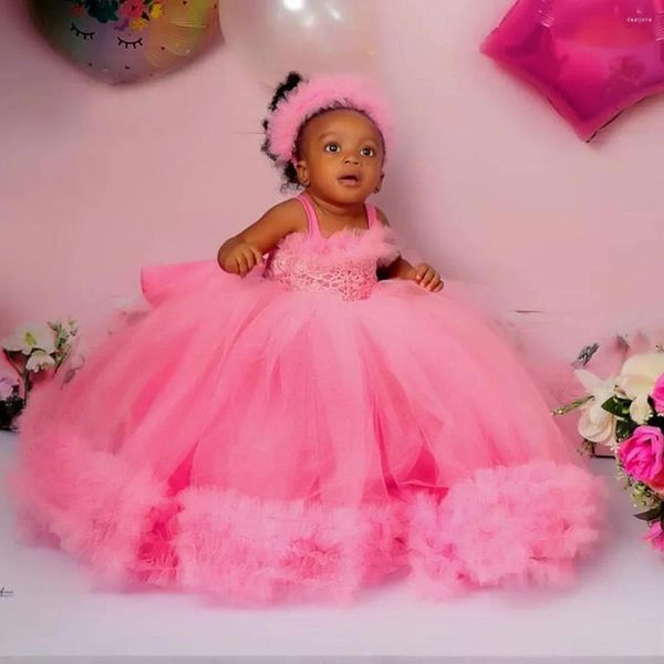 Mädchen Kleider Luxus Rosa Rüschen Blume Schleife Zurück Spitze Prinzessin Baby Mädchen Ersten Geburtstag Party Pageant Kleid Für Hochzeit