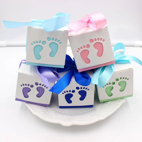 10 caixas de doces de papel com impressão de pés de bebê fofos com fita embalagem de presente exibição de gênero chá de bebê decoração de festa de aniversário 240205