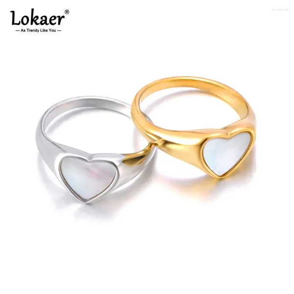 Cluster Ringe Lokaer Natürliche Muschel Herz Edelstahl Stilvoller Ring für Frauen Handgefertigte Metalltextur Wasserdicht Goldener Schmuck Gala R23071