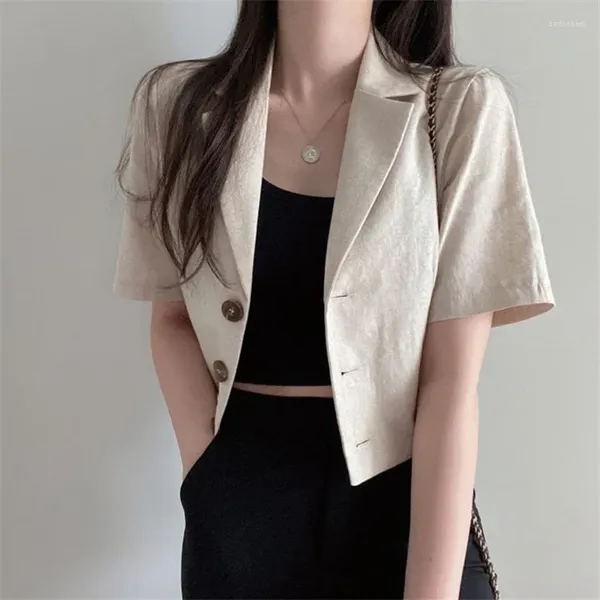 Abiti da donna Coreano Colore Puro Manica Corta in Cotone e Lino Abito Blazer Femminile 2024 Giacca Temperamento Estivo Signore Dell'ufficio D226