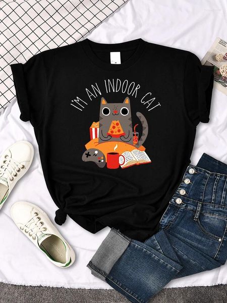Camiseta feminina gato sentado e comendo pizza impressão camisa para mulheres casa verão camiseta manga regular top curto S-XXXL Famale