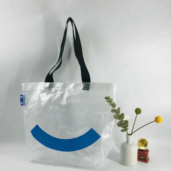 Sacos de compras à prova d'água, portátil, promocional, reciclável, transparente, bolsa de praia, sacola tecida PP com impressão personalizada
