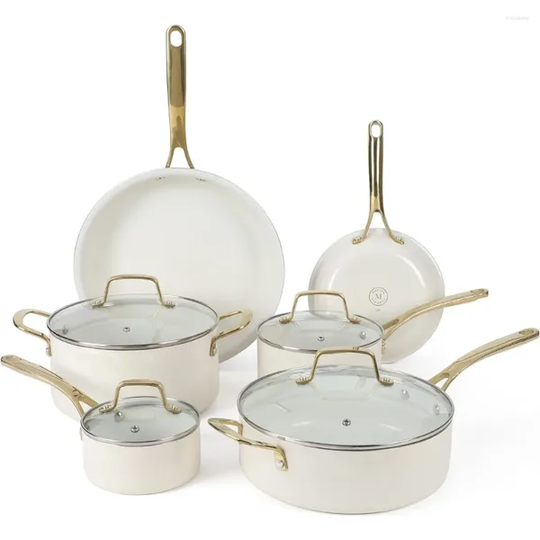 Set di pentole Martha Stewart Lockton Premium antiaderente senza PFA Interno in ceramica 10 pezzi Set di pentole in alluminio smaltato pesante