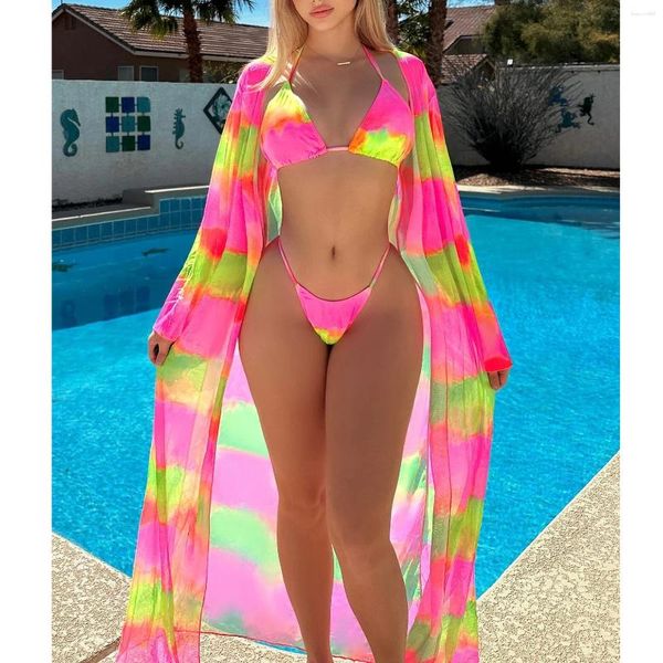 Mulheres Swimwear 2024 3Pack com Kimono Mulheres Tropical Imprimir Bikini Swimsuit Beach Cover Up Halter Set Beachwear