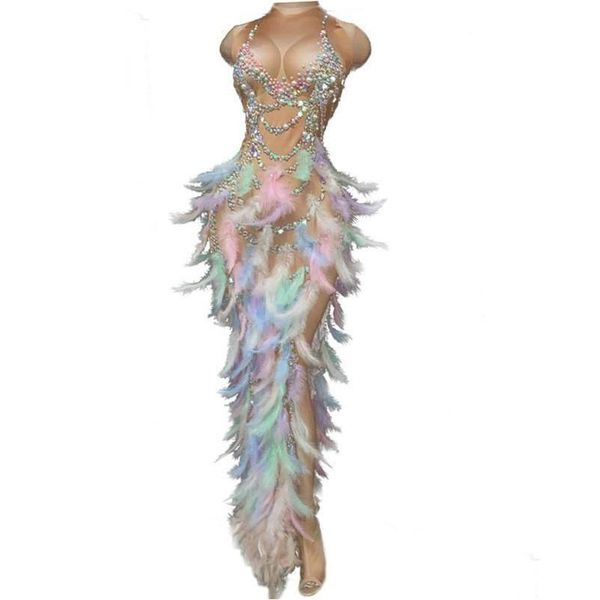 Grundlegende Freizeitkleider Mode Perlen Strass Nude Party Abend Figurbetontes Kleid Frauen Sänger Ärmellos Feder Club Prom Geburtstag Dh16Z