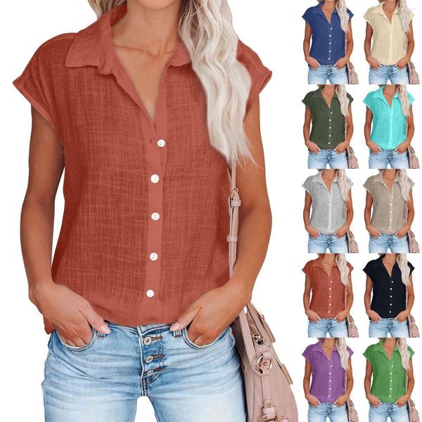 Damen-T-Shirts, modisches einfarbiges Hemd, Vintage-Stil, einreihig, lässig, kurzärmelig, vielseitige Bluse, Roupas Feminina