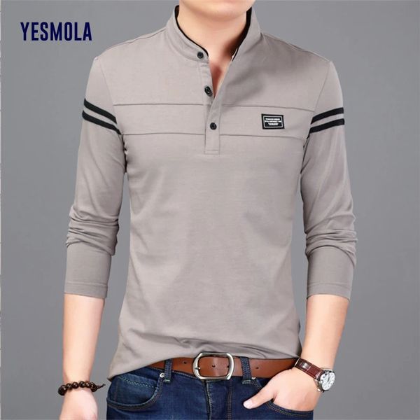 YESMOLA Мужская однотонная футболка с длинным рукавом на весну и осень, мужская одежда, воротник-стойка, футболки, топы, футболка-поло для 240130