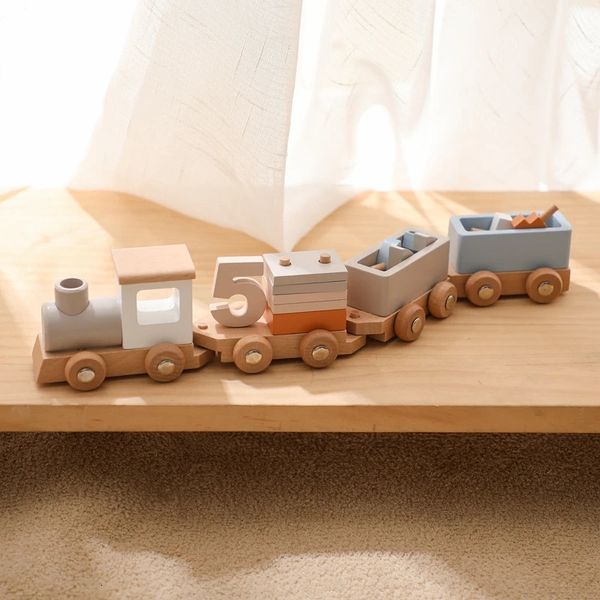 Trem de madeira bloco de aniversário brinquedo montessori brinquedos do bebê brinquedos educativos do bebê carrinho de madeira bebê aprendizagem brinquedos número de madeira 240124
