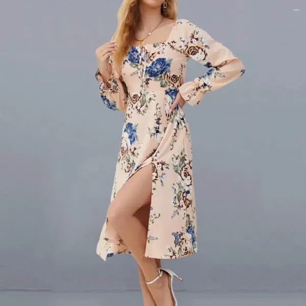 Abiti casual Abito primaverile Stampa floreale Collo quadrato Midi con maniche a sbuffo Pieghe sul retro Vita stretta da pendolarismo da donna