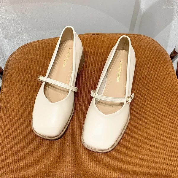 Sapatos de vestido Bombas femininas Mary Jane Couro envernizado Salto quadrado Alto Fivela Toe Branco 35-40