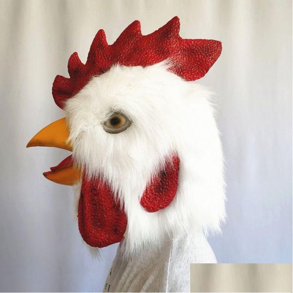 Máscaras de festa Branco P Galo Cabeça Er Látex Máscara Fl Face Frango Engraçado Animal Dress Up Prom Halloween Cosplay 230206 Gota Entrega Hom Dhzcv