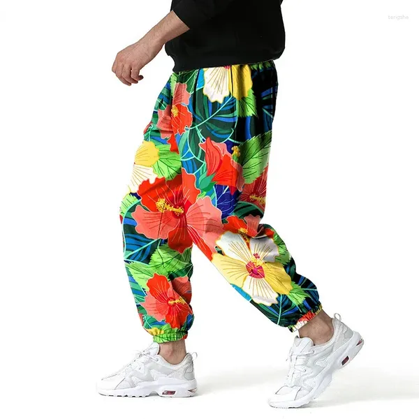 Calças masculinas elegantes estampa floral homens corredores hip hop praia calças homens casuais esportes ativos jogging harajuku streetwear sweatpants