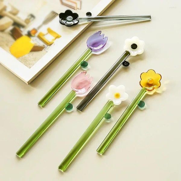 Cucchiai Cucchiaio creativo in vetro trasparente colorato ad alto borosilicato Manico lungo Fiore adorabile Gelato Dessert Caffè Mescolare