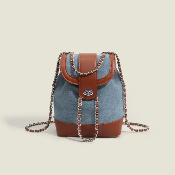 Borse da scuola 2024 Carino stile coreano Denim Coulisse in pelle Zaino moda Piccola mini borsa con cinturino in metallo Semplice tendenza francese minimalista