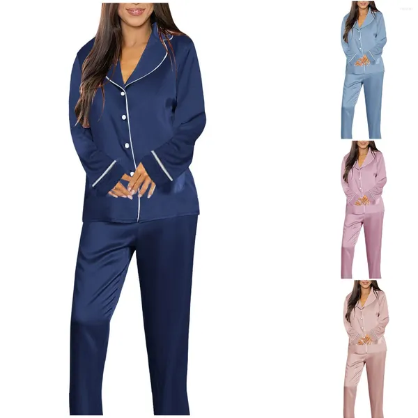 Pijamas femininos cetim nightwear primavera outono algodão cardigan cor sólida malha manga longa tops calças senhoras homewear terno 2 peças