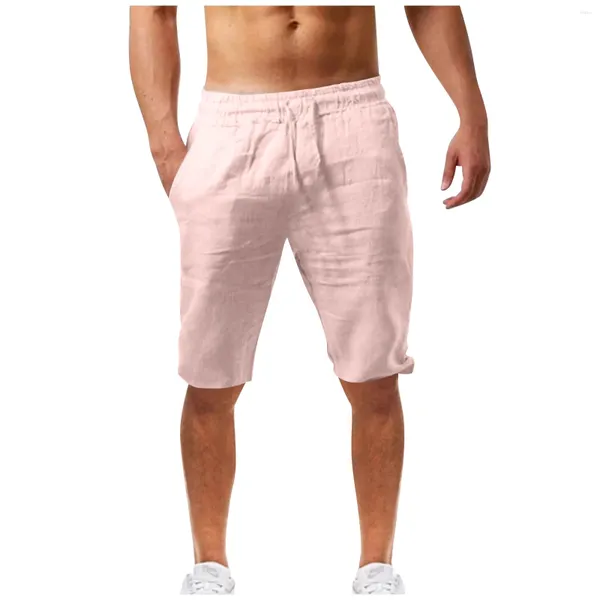 Shorts masculinos cor casual ao ar livre solto ajuste reto-pernas cintura calças de praia bolso elástico calças de trabalho calça de linho