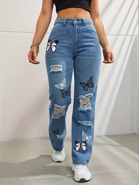 Pantaloni da donna Pantaloni a contrasto a vita alta con stampa a farfalla taglio strappato moda denim gamba dritta