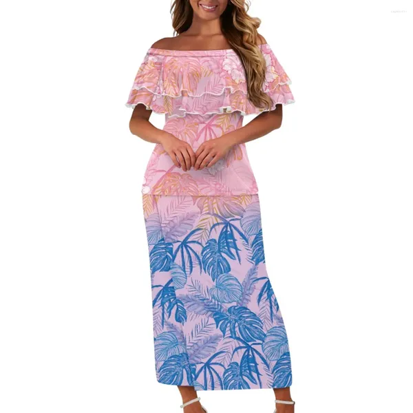 Vestidos de trabalho verão mulheres puletasi samoa polinésia tribal roupas rosa tropical impressão senhora fora do ombro plissado conjunto de duas peças