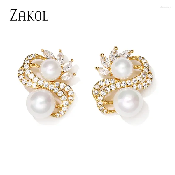 Orecchini a bottone ZAKOL squisita doppia fila zircone avvolgente per le donne Moda rotonda imitazione perle orecchino gioielli da sposa festa di nozze