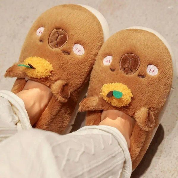 Chinelos Kawaii Capybara Tamanho Grande 44 Mulheres Animal Plush Slip On Indoor Home Sapatos de Inverno Quentes para Meninas Presente