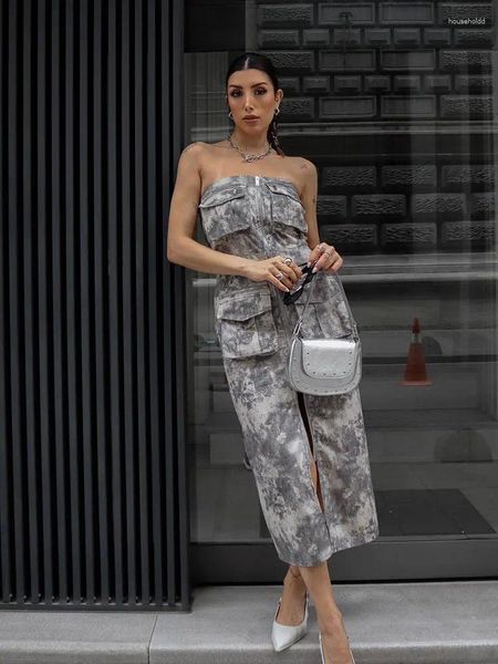Vestidos casuais trafza 2024 mulher elegante cinza vintage impressão bolso decorar cintura alta calças de carga rua longa