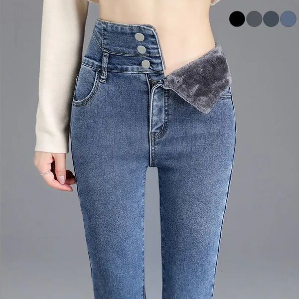 Inverno termico pile spessa in pile alta a vita alta jeans magri da donna spessa pantaloni per abbottonate pantaloncini