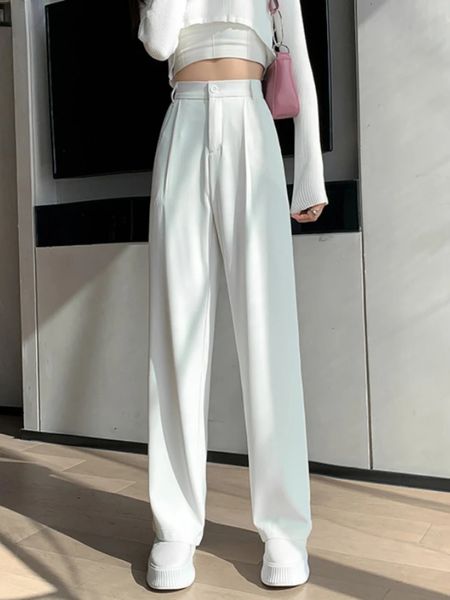 Casual cintura alta solta calças de perna larga para as mulheres primavera outono feminino floorlength branco ternos senhoras calças compridas 240202