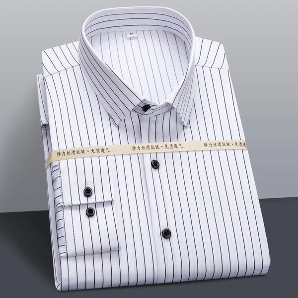 Stretch-Herrenhemd, modisch, langärmlig, dünn, für Jugendliche, schmale Passform, für soziales Büro, einfarbig, gestreift, bügelfrei, weich, schlicht, schicke Hemden 240129