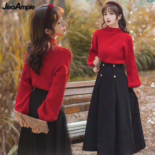 Arbeitskleider Rench Vintage Roter Pullover A-Linie Röcke Zweiteiliges Set Lady Graceful Laternenärmel Strickpullover Hoher Taillenrock Outfits 2024