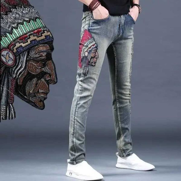 Erkek kot pantolon, erkekler için basılı elastik kot pantolonlu kot skinny erkek kovboy pantolon konik grafik yıkanmış orijinal pamuk streç denim pantolonlar s yq240205