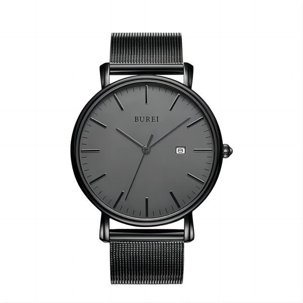 Relógio de pulso minimalista da moda masculina BUREI Relógios à prova d'água simples ultrafinos relógios analógicos de quartzo data com pulseira de malha de aço inoxidável